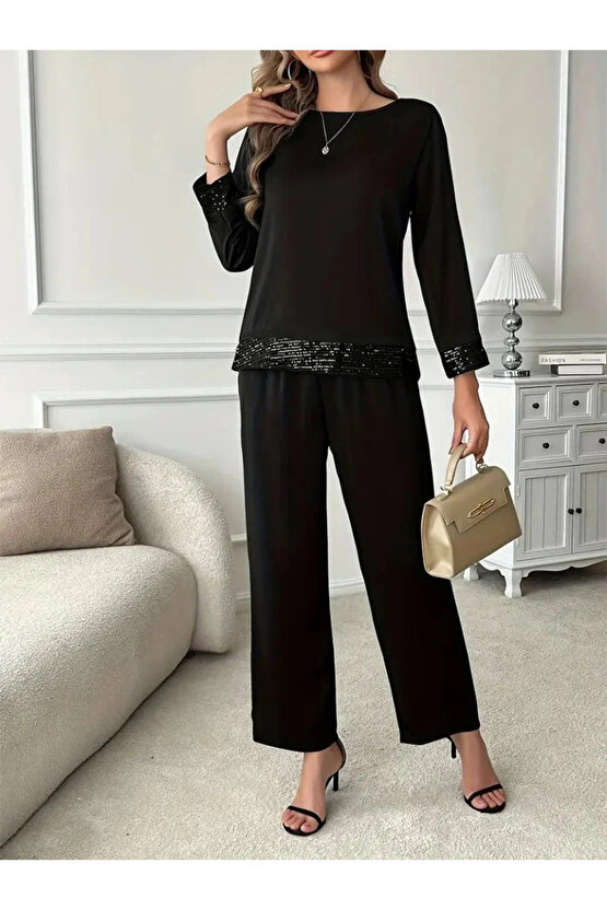 EQURİ Kadın Uzun Kollu Bisiklet Yaka Pulpayetli Viskon Iki Iplik Bluz Ve Pantolon Ikili Takım