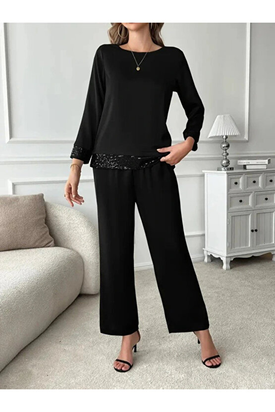 EQURİ Kadın Uzun Kollu Bisiklet Yaka Pulpayetli Viskon Iki Iplik Bluz Ve Pantolon Ikili Takım