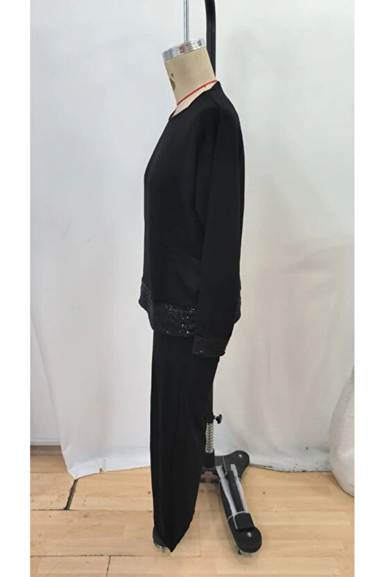 EQURİ Kadın Uzun Kollu Bisiklet Yaka Pulpayetli Viskon Iki Iplik Bluz Ve Pantolon Ikili Takım