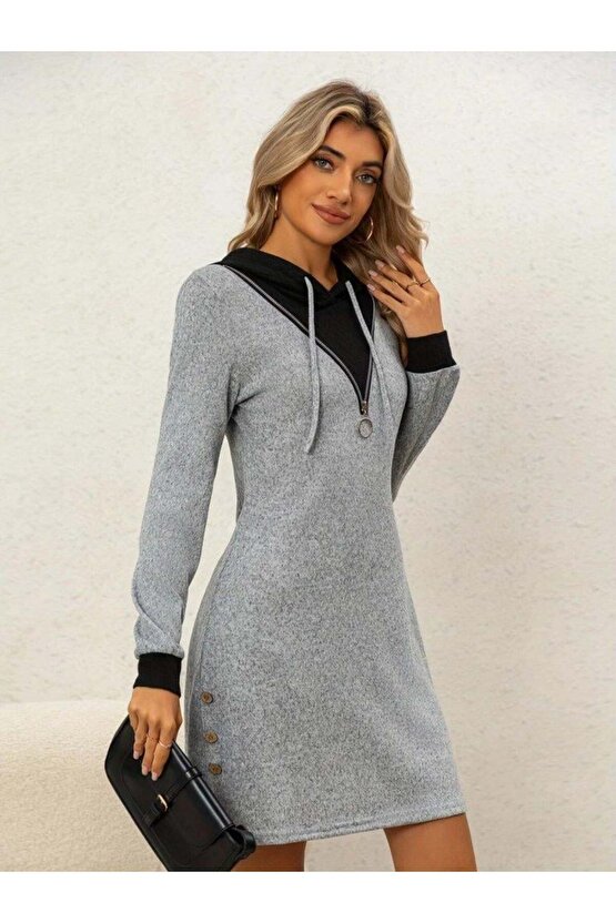 Kadın Uzun Kollu Kapşonlu önden Fermuarlı Düğmeli Mini Iki Iplik Elbise