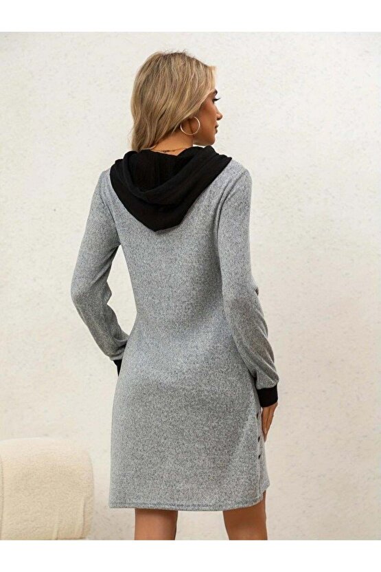 Kadın Uzun Kollu Kapşonlu önden Fermuarlı Düğmeli Mini Iki Iplik Elbise