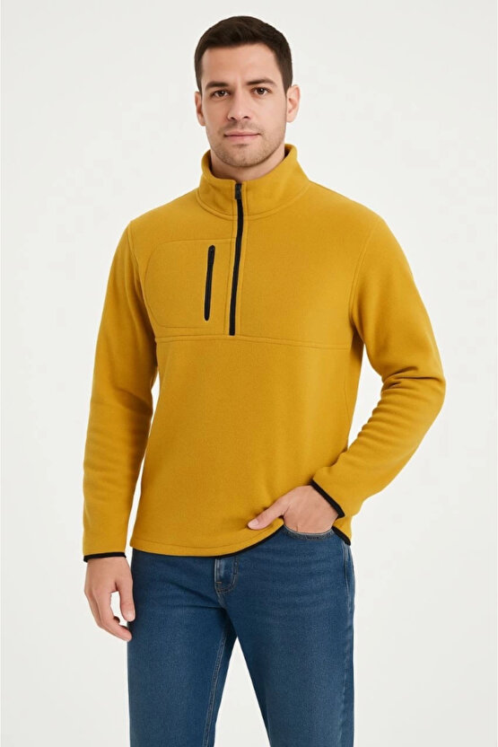 Erkek Polar Kazak – Dik Yaka, Yarım Fermuarlı, Fermuarlı Göğüs Cepli, Siyah Biyeli, Kışlık Rahat Reg