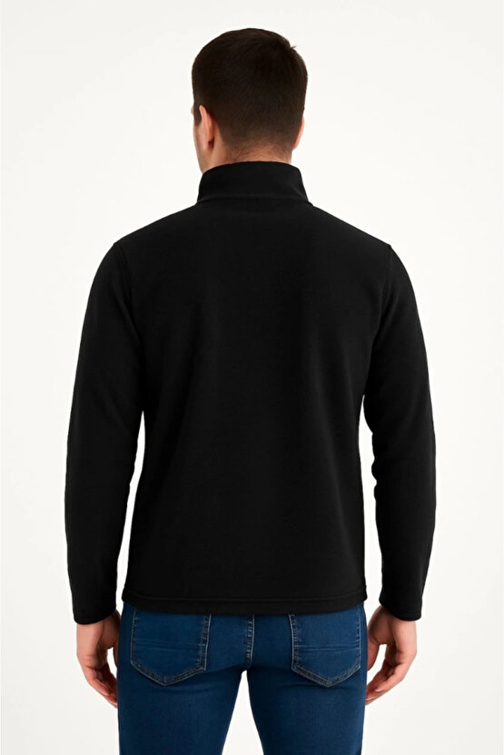 Erkek Polar Kazak – Dik Yaka, Yarım Fermuarlı, Fermuarlı Göğüs Cepli, Siyah Biyeli, Kışlık Rahat Reg