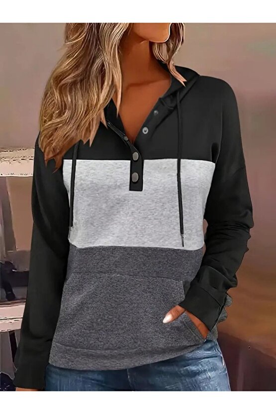 Kadın Uzun Kollu Kapşonlu çok Renkli Iki Iplik Bluz