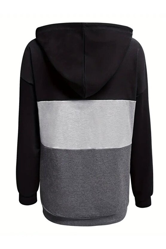 Kadın Uzun Kollu Kapşonlu çok Renkli Iki Iplik Bluz