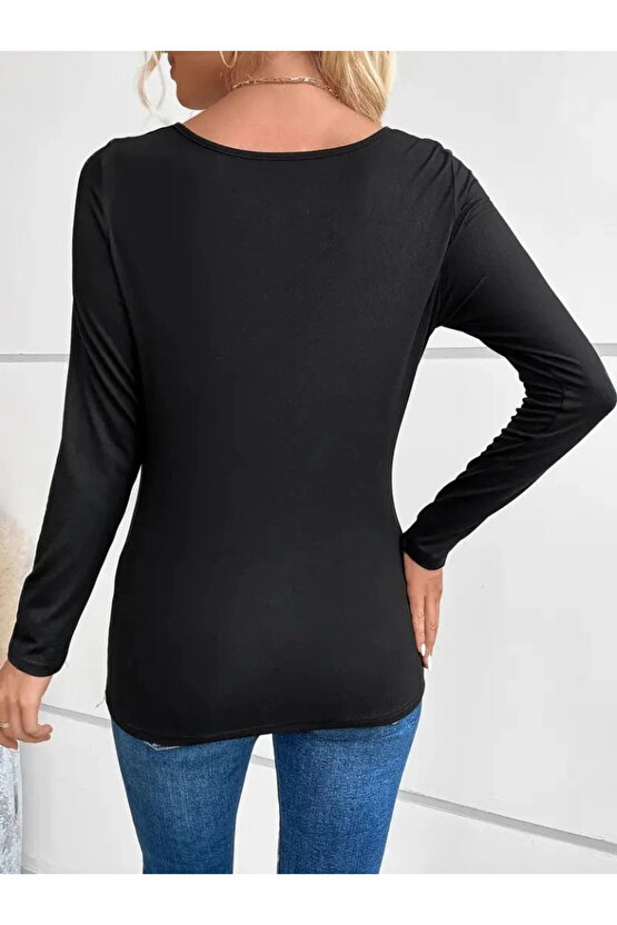 Kadın Uzun Kollu Derin Degaje Yakalı Taşlı Sandy Bluz