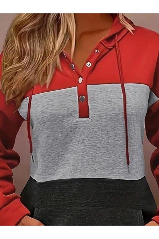 Kadın Uzun Kollu Kapşonlu çok Renkli Iki Iplik Bluz