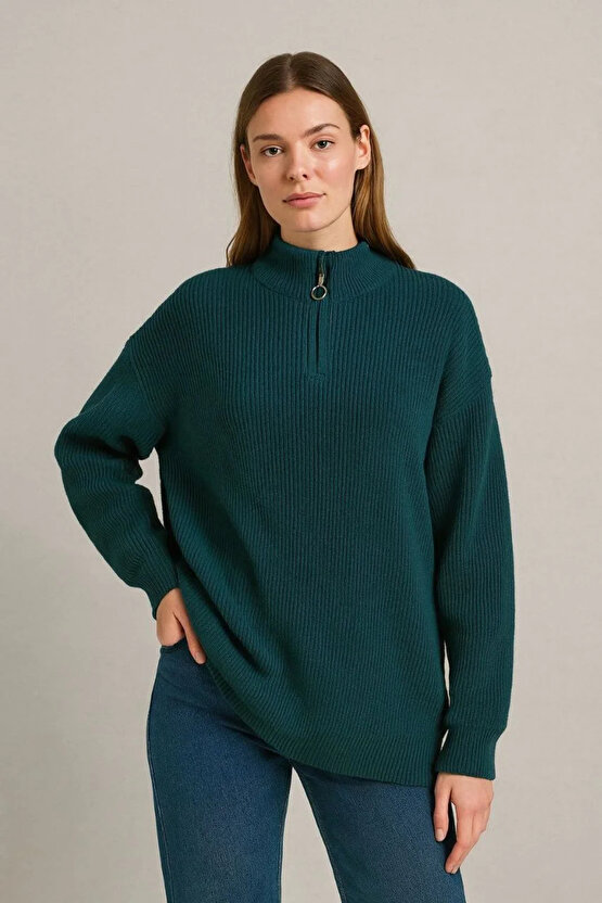 KADIN Yarım Fermuarlı Triko Kazak – Selanik Örgü, Dik Yaka, Pamuklu Dokuma, Oversize Uzun Kollu Kışl