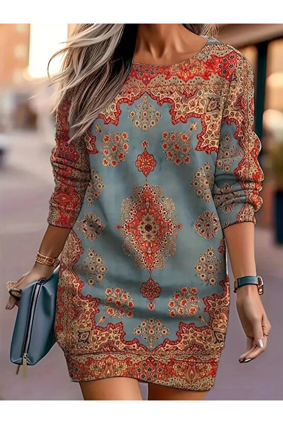 Kadın Uzun Kollu Yuvarlak Yaka Desenli Mini Modal Elbise