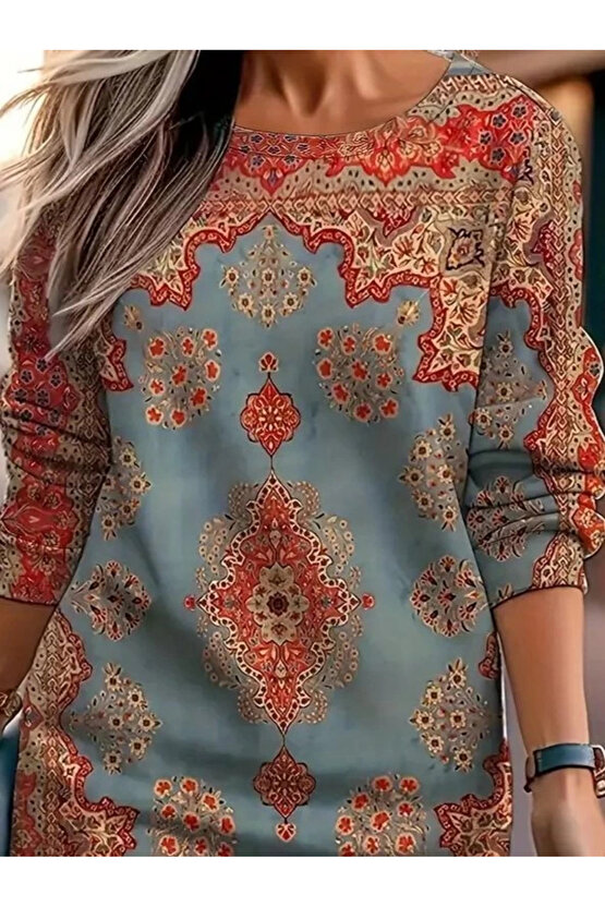 MDB Kadın Uzun Kollu Yuvarlak Yaka Desenli Mini Modal Elbise