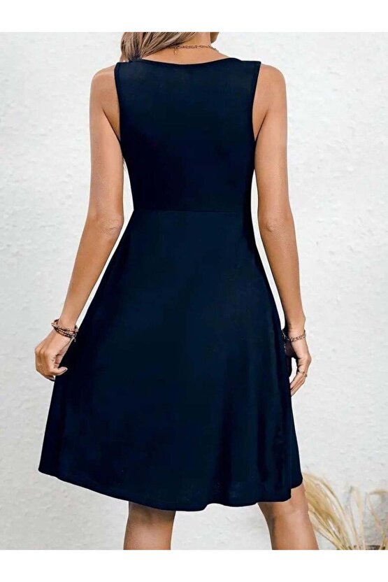 Kadın Askılı Yuvarlak Yaka önden Pileli Viskon Elbise