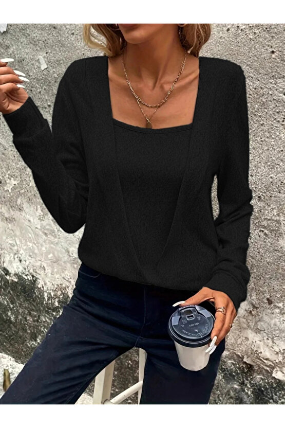 Kadın Uzun Kollu Kruvaze Yaka Kol Ve Etek Ucu Manşet Detay Yumoş Bluz