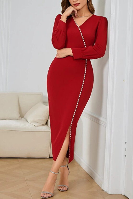 EQURİ Kadın Uzun Kollu V Yakalı Yırtmaçlı Taşlı Uzun Ithal Krep Elbise