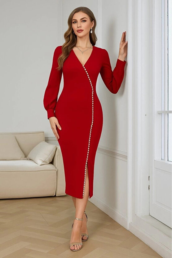 EQURİ Kadın Uzun Kollu V Yakalı Yırtmaçlı Taşlı Uzun Ithal Krep Elbise