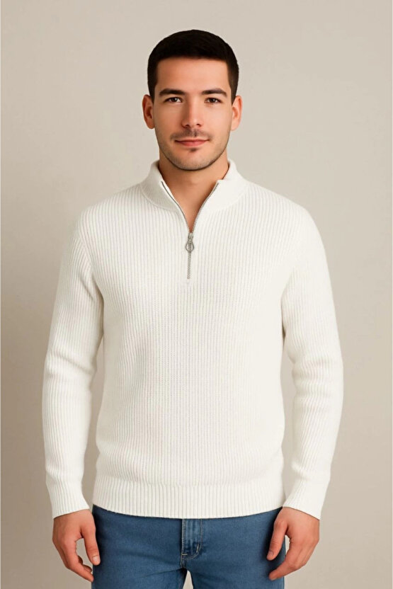 EQURİ Erkek Yarım Fermuarlı Triko Kazak – Selanik Örgü, Dik Yaka, Pamuklu Dokuma, Regular Fit Uzun K