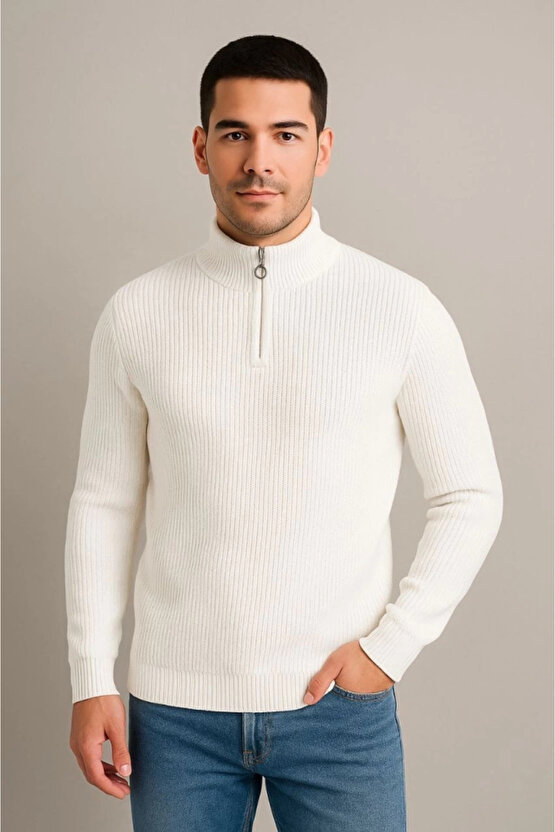 EQURİ Erkek Yarım Fermuarlı Triko Kazak – Selanik Örgü, Dik Yaka, Pamuklu Dokuma, Regular Fit Uzun K
