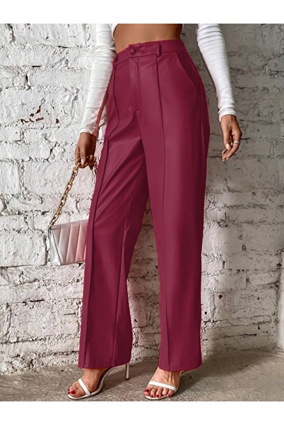 Kadın önden Fermuarlı Cepli Geniş Kesim Lame Deri Pantolon