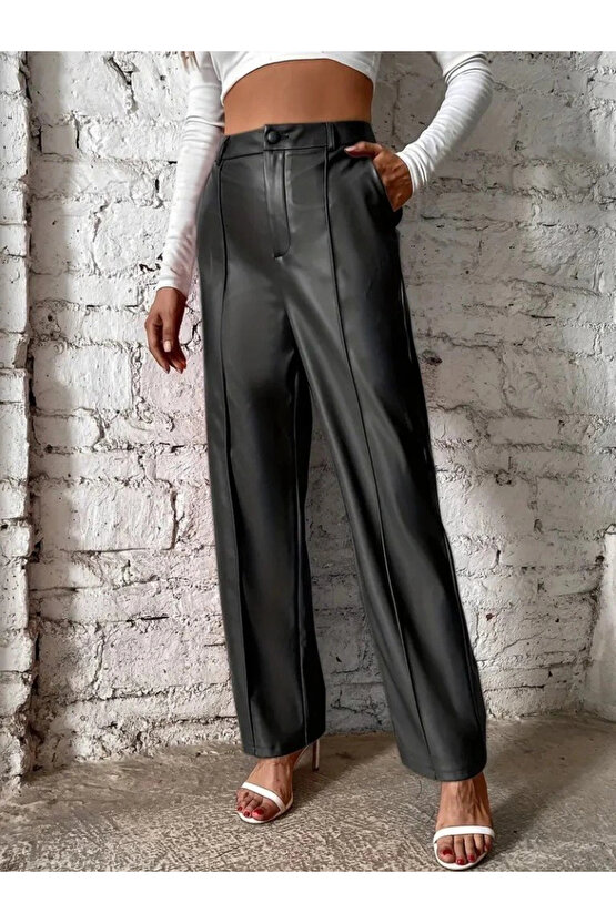 Kadın önden Fermuarlı Cepli Geniş Kesim Lame Deri Pantolon