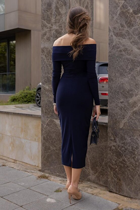 Gökyüzü Moda Kadın Uzun Kollu Madonna Yaka Düğüm Büzgü Detay Maxi Boy Elblbise