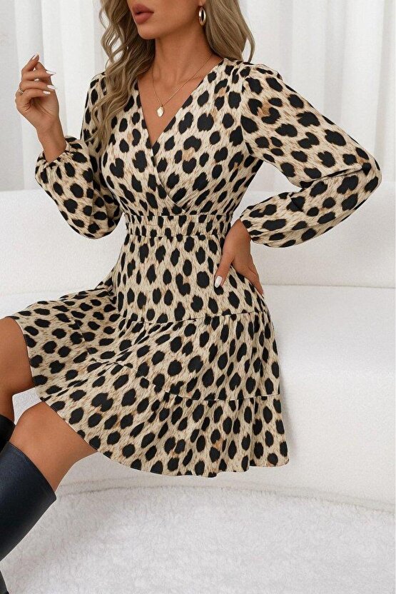 Kadın Uzun Kollu Kruvaze Yaka Desenli Mini Modal Elbise