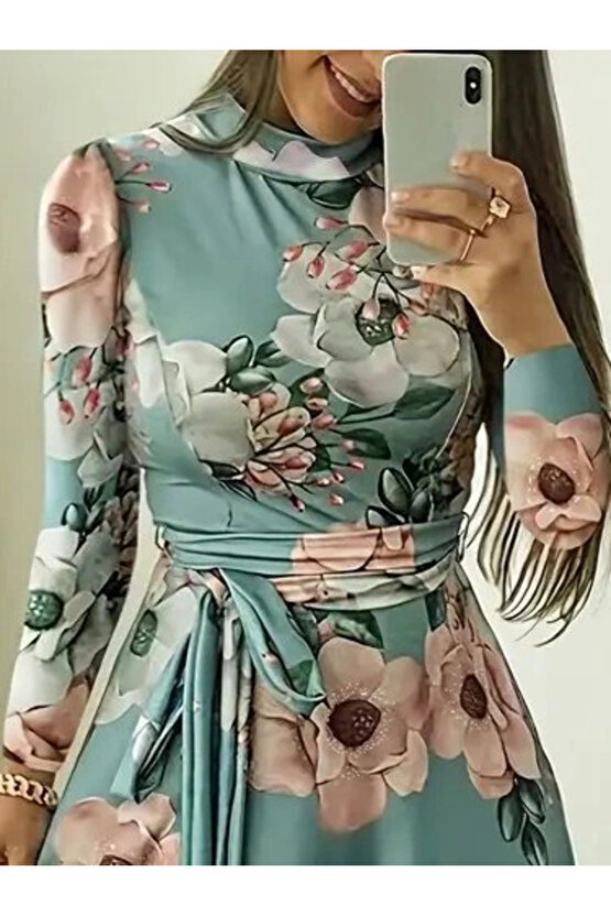 Kadın Uzun Kollu Yuvarlak Yakalı Beli Kuşaklı Desenli Süprem Uzun Elbise