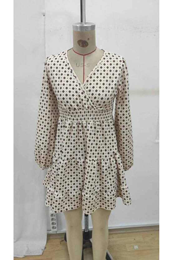 Kadın Uzun Kollu Kruvaze Yaka Desenli Mini Modal Elbise