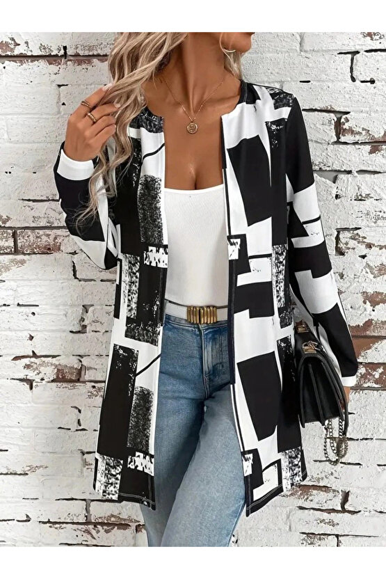 Kadın Uzun Kollu önü Açık Desenli Modal Kısa Ceket