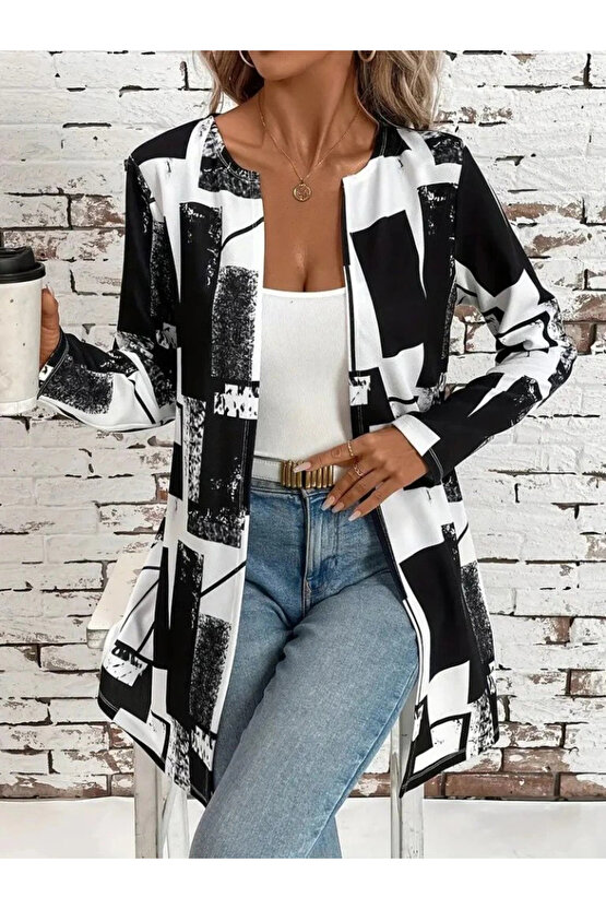 Kadın Uzun Kollu önü Açık Desenli Modal Kısa Ceket