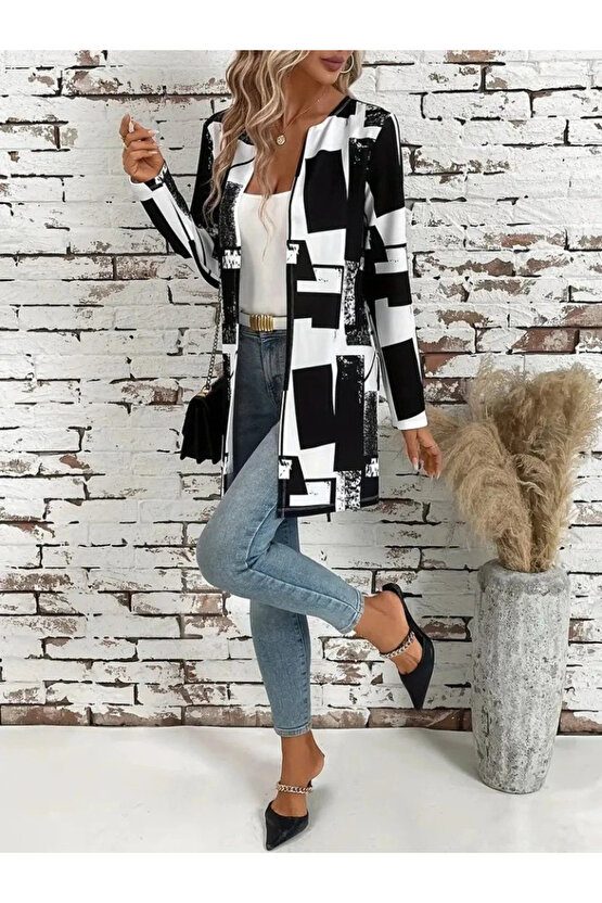 Kadın Uzun Kollu önü Açık Desenli Modal Kısa Ceket