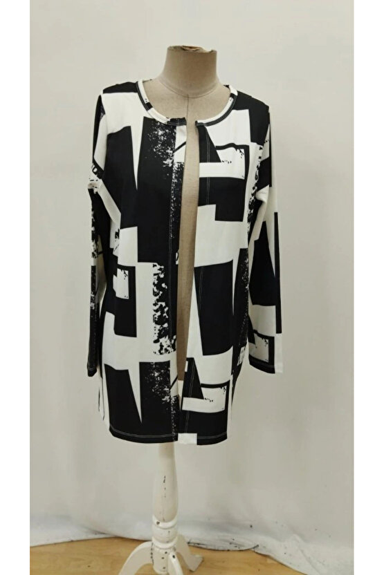 Kadın Uzun Kollu önü Açık Desenli Modal Kısa Ceket