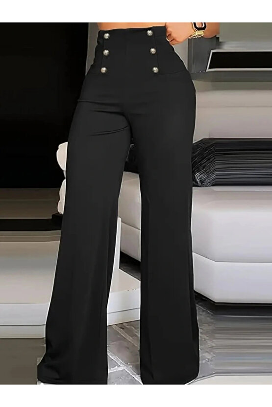 Kadın Yüksek Bel önden Düğmeli Uzun Paçaya Doğru Geniş Ithal Krep Pantolon
