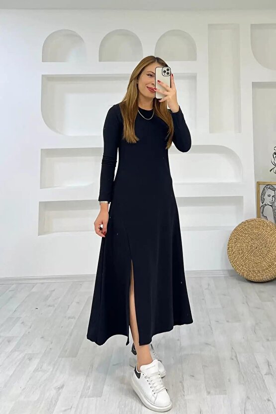 Kadın Uzun Kollu Bisiklet Yaka Size Kadar Yırtmaç Detay Maxi Boy Elbise