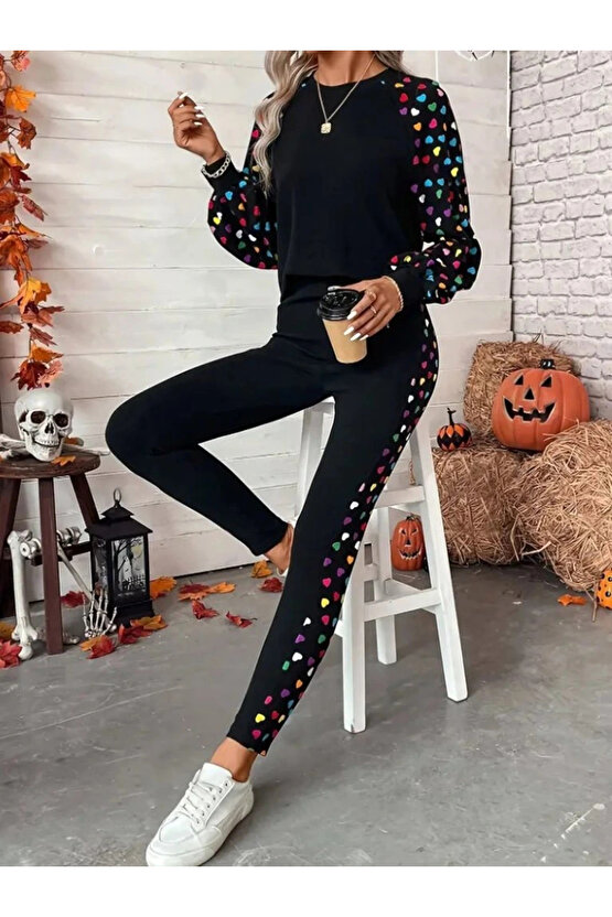 Kadın Uzun Kollu Bisiklet Yaka Desenli Viskon Iki Iplik Bluz Ve Pantolon Ikili Takım