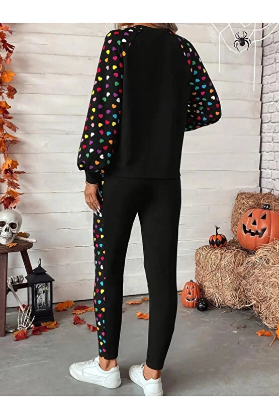 Kadın Uzun Kollu Bisiklet Yaka Desenli Viskon Iki Iplik Bluz Ve Pantolon Ikili Takım