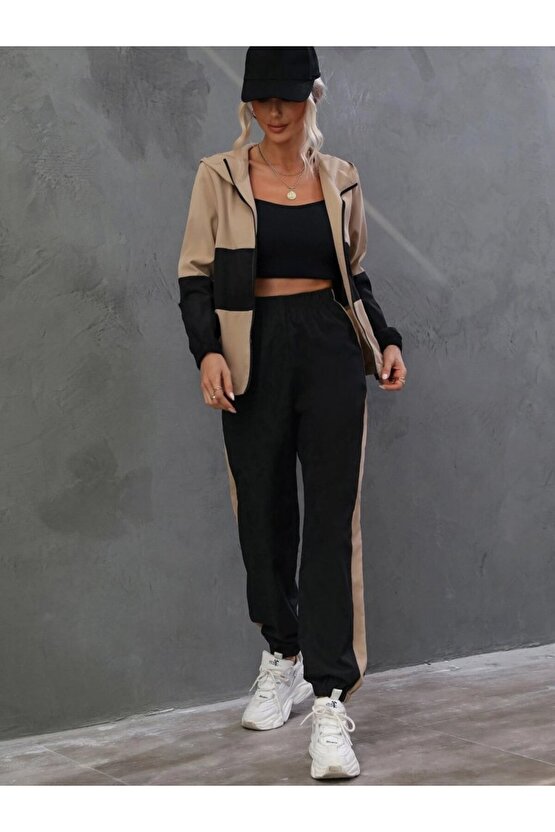 EQURİ Kadın Uzun Kollu Kapşonlu önden Fermuarlı Viskon Iki Iplik Bluz Ve Pantolon Ikili Takım