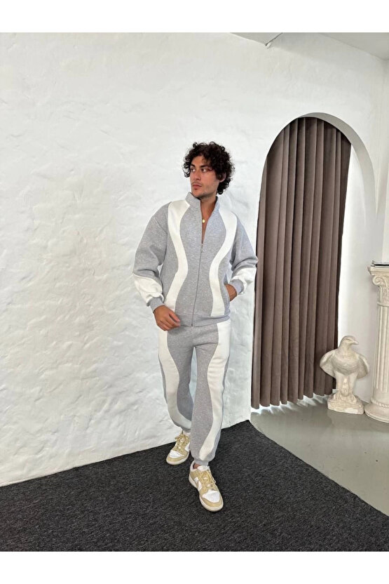 EQURİ Erkek Premium Parçalı Eşofman Takım - Dik Yaka Fermuarlı Sweatshirt, - Gri
