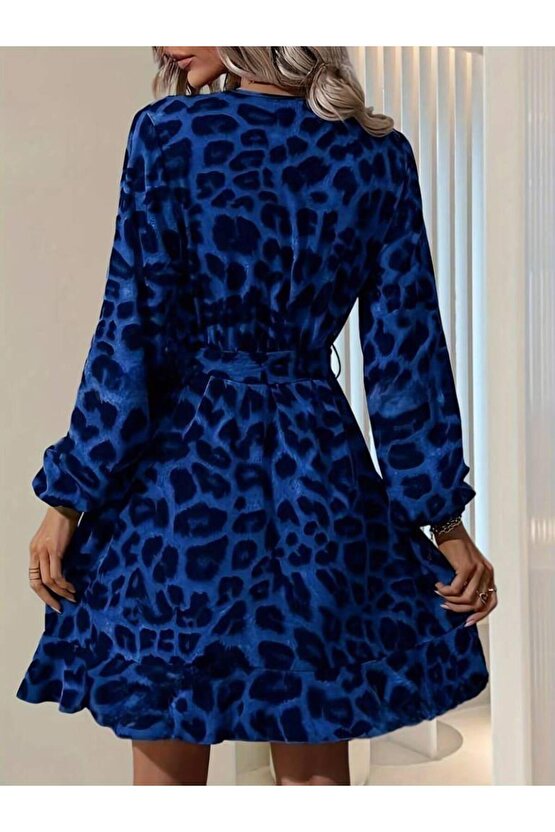 Kadın Uzun Kollu Kruvaze Yaka Belden Kuşaklı çapraz Kesim Detaylı Leopar Modal Mini Elbise