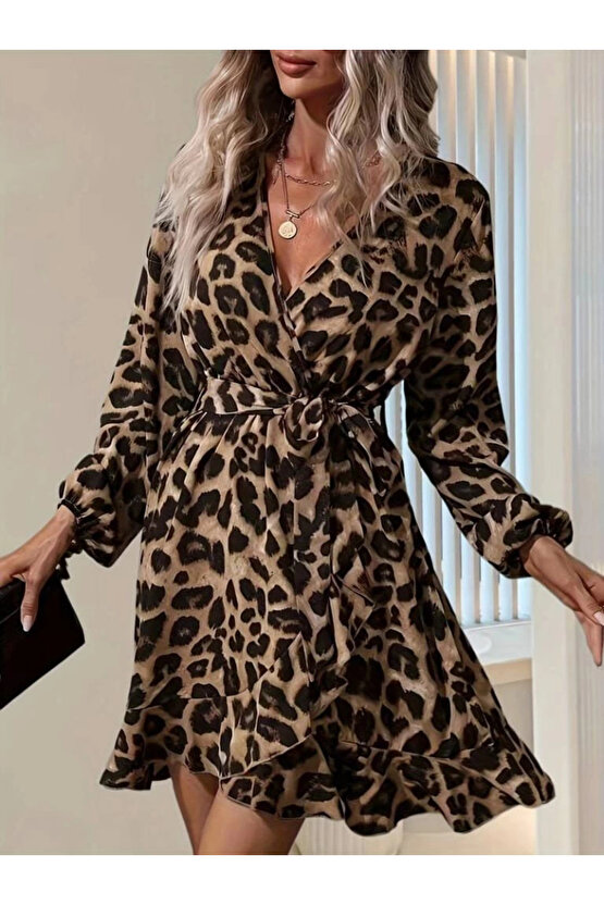 EQURİ Kadın Uzun Kollu Kruvaze Yaka Belden Kuşaklı çapraz Kesim Detaylı Leopar Modal Mini Elbise