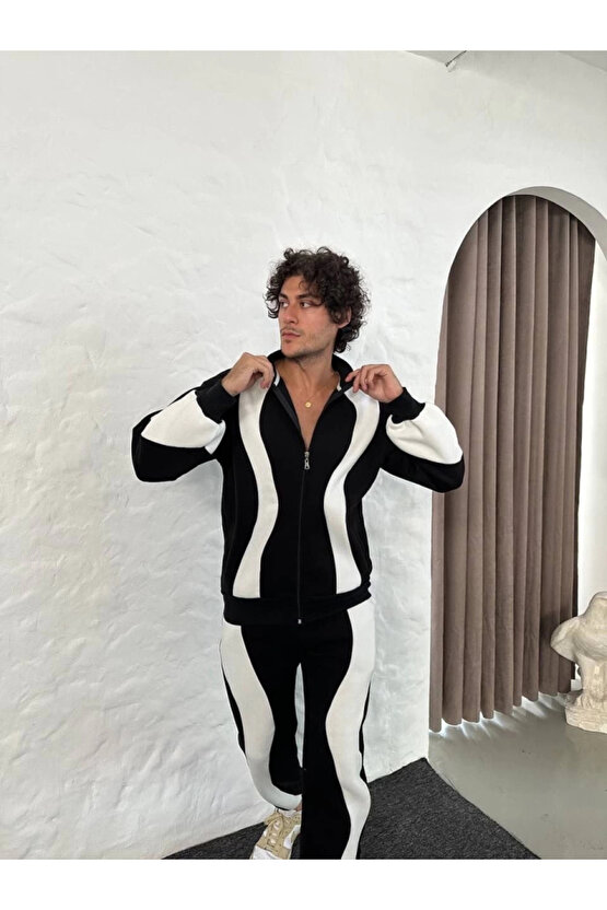 EQURİ Erkek Premium Parçalı Eşofman Takım - Dik Yaka Fermuarlı Sweatshirt, - Siyah