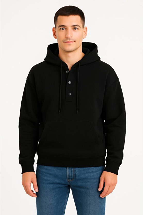 Erkek Ovarsize Kapüşonlu Swetshirt Kanguru Çepli Cıtcıtlı 3 Iplik Şardonlu Hoodie - Siyah