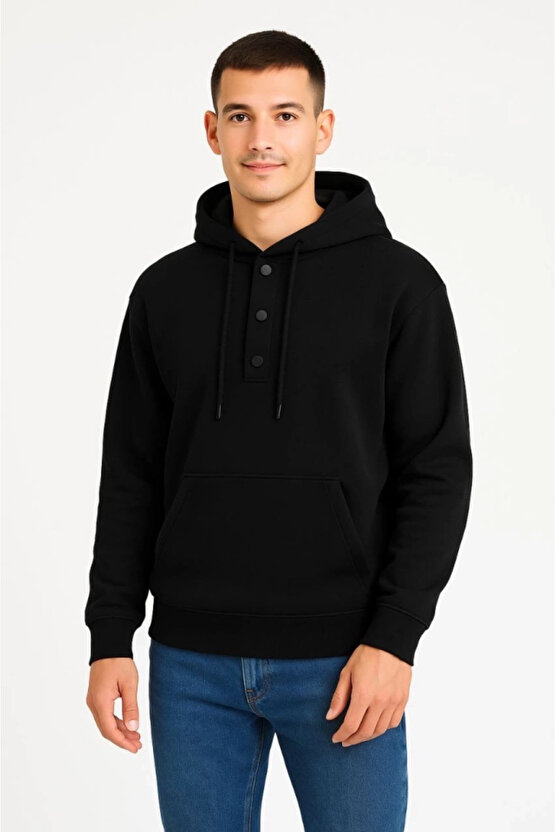 Erkek Ovarsize Kapüşonlu Swetshirt Kanguru Çepli Cıtcıtlı 3 Iplik Şardonlu Hoodie - Siyah