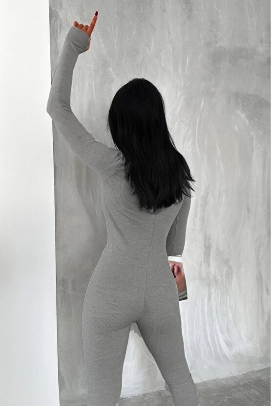 MDB Kadın Uzun Kollu V Yaka Baş Parmak Geçirmeli Detay Kaşkorse Tulum