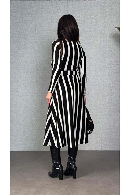 Kadın Uzun Kollu Kruvaze Yaka Kemer Dahil çizgili Triko Elbise
