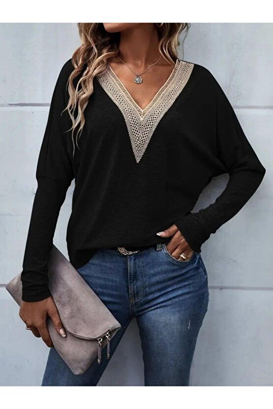 Kadın Uzun Kollu V Yakalı Yarasa Kollu Viskon Bluz