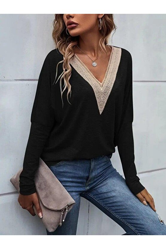 Kadın Uzun Kollu V Yakalı Yarasa Kollu Viskon Bluz