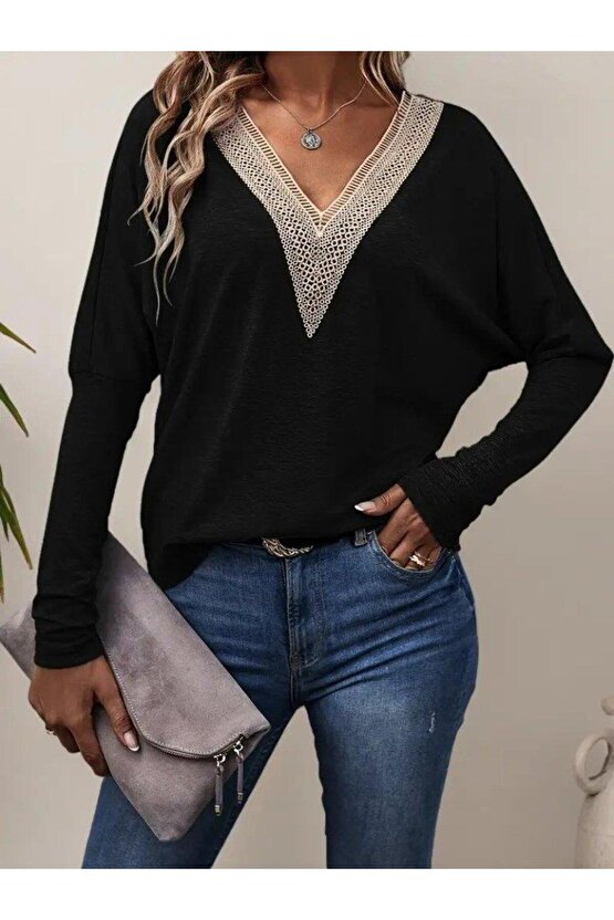 Kadın Uzun Kollu V Yakalı Yarasa Kollu Viskon Bluz
