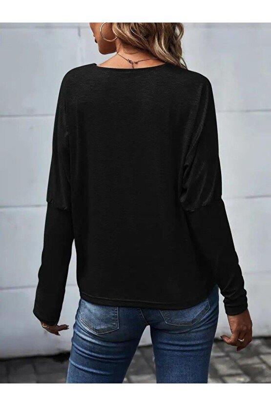 Kadın Uzun Kollu V Yakalı Yarasa Kollu Viskon Bluz