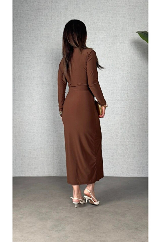 Kadın Balıkçı Yaka Toka Detay Sandy Kumaş Midi Boy Elbise