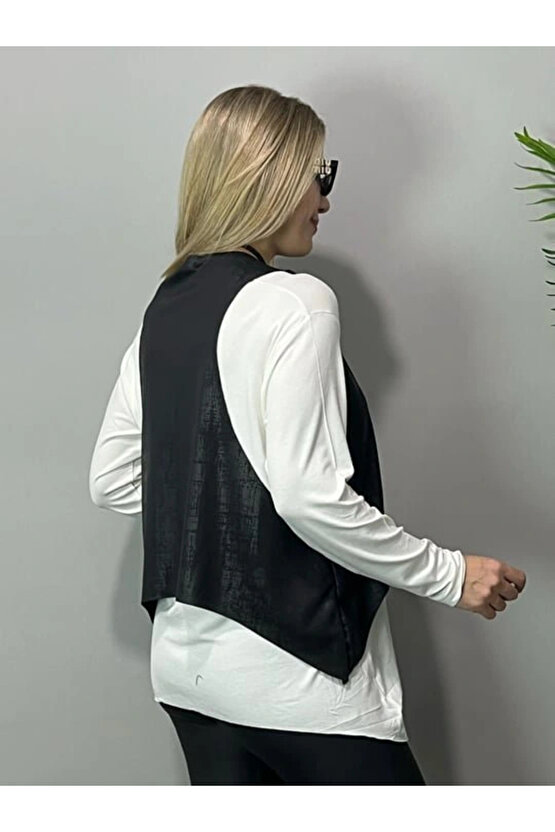 Kadın Siyah Deri Yelekli Kolye Dahil üçlü Takım