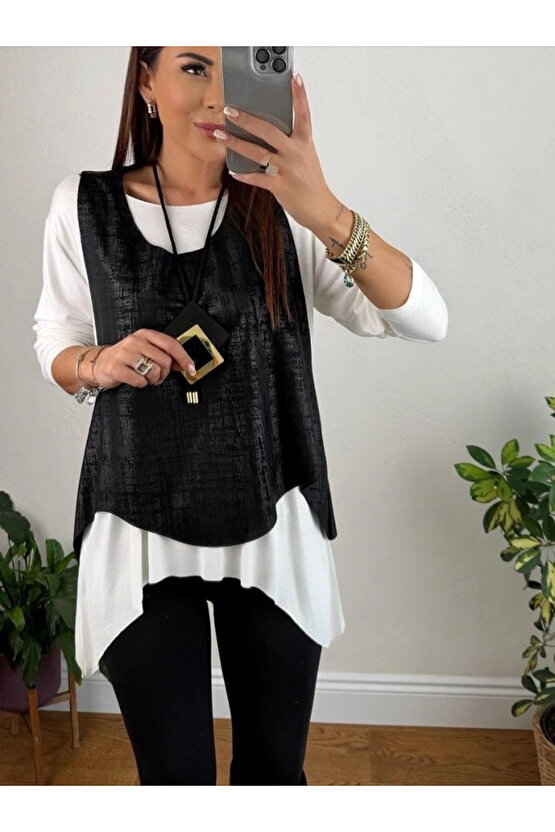 Kadın Siyah Deri Yelekli Kolye Dahil üçlü Takım